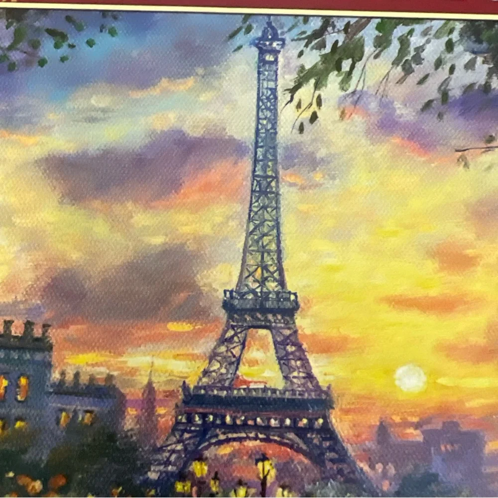 Tea Time in Paris HTF 500 pc Puzzle Stylized Eiffel Tower Bridge Boats Outside - Picture 4 of 10